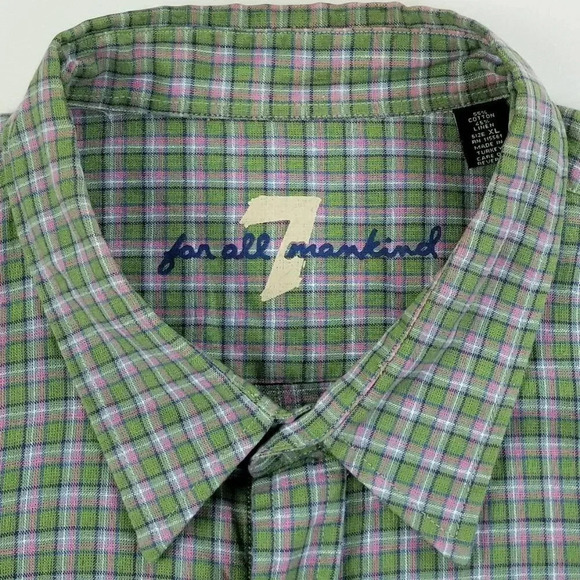 7 For All Mankind XL Men's Logo Tag Green Pink White Trim Check 2 Pockets Shirt - Picture 4 of 8